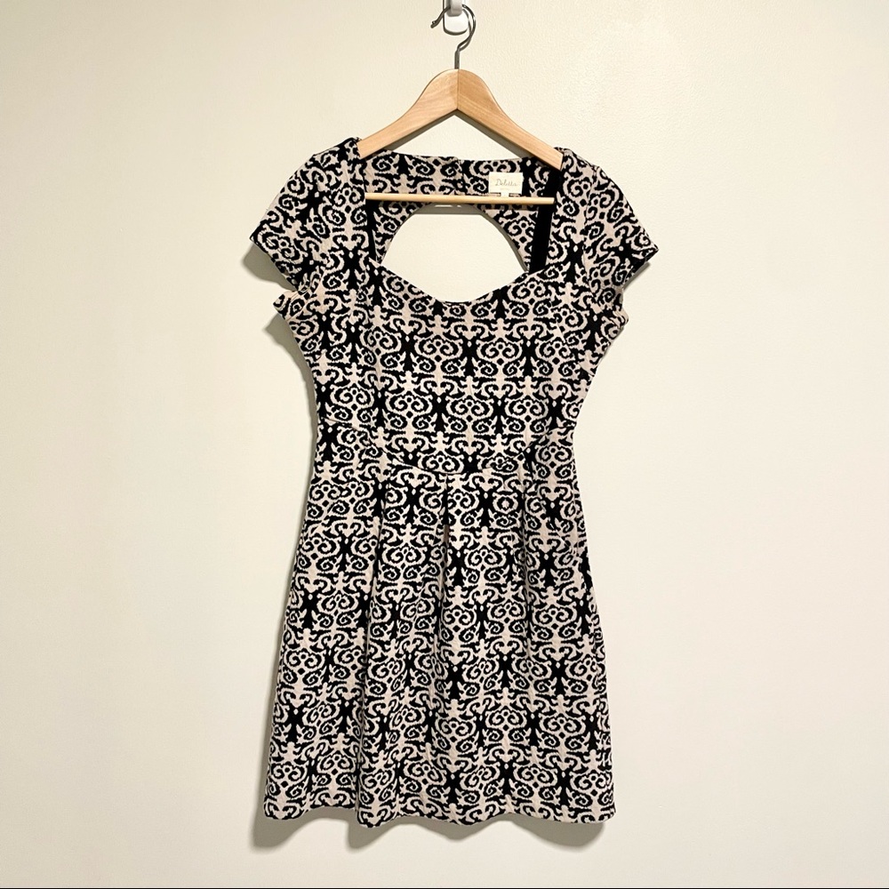Anthropologie Deletta Cutout Back Fit and Flare Dress Damask Black & Cream